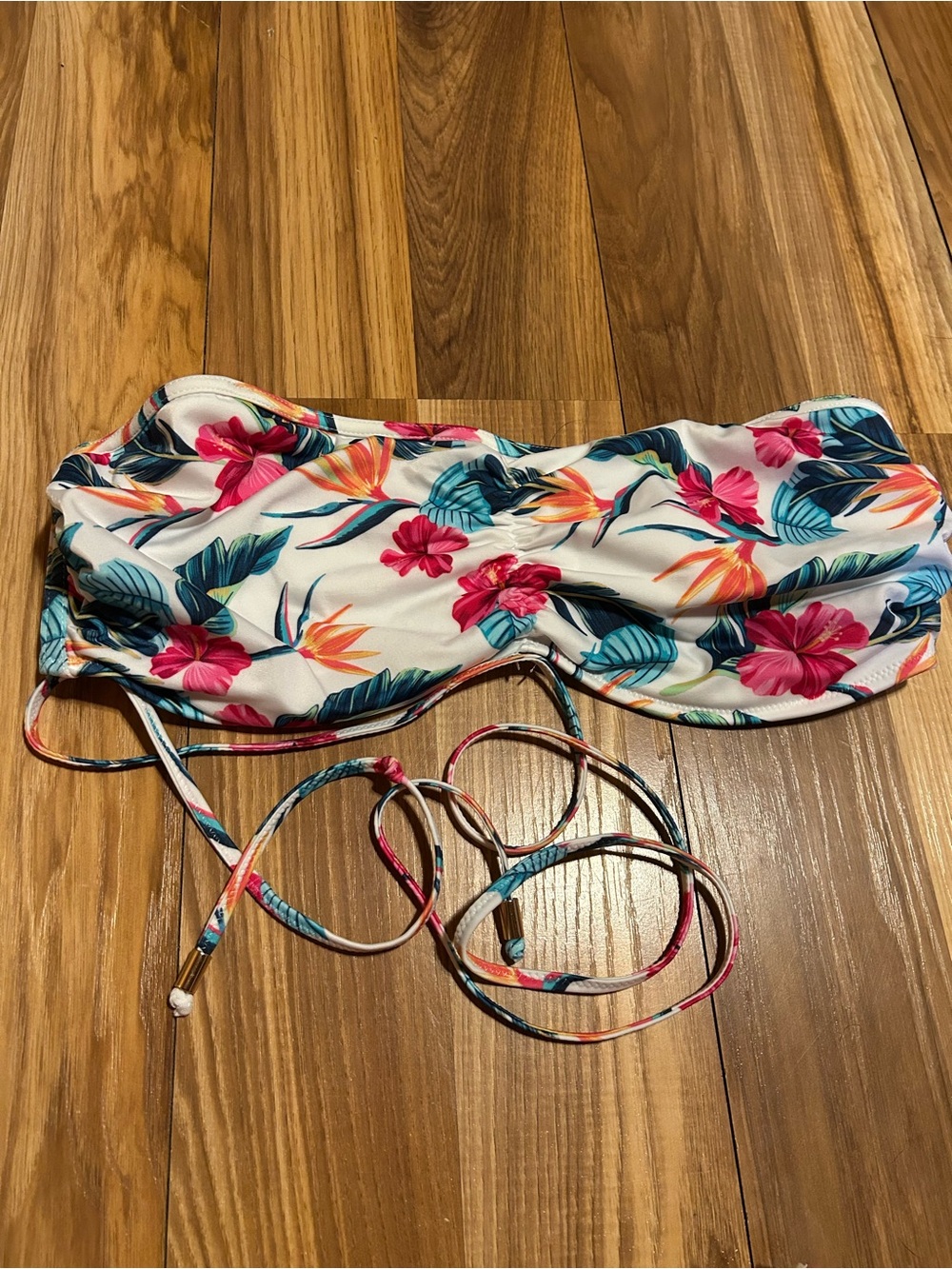 Freya Multicolor Floral Bandeau Bikini Top - White Base with Pink & Teal Accents